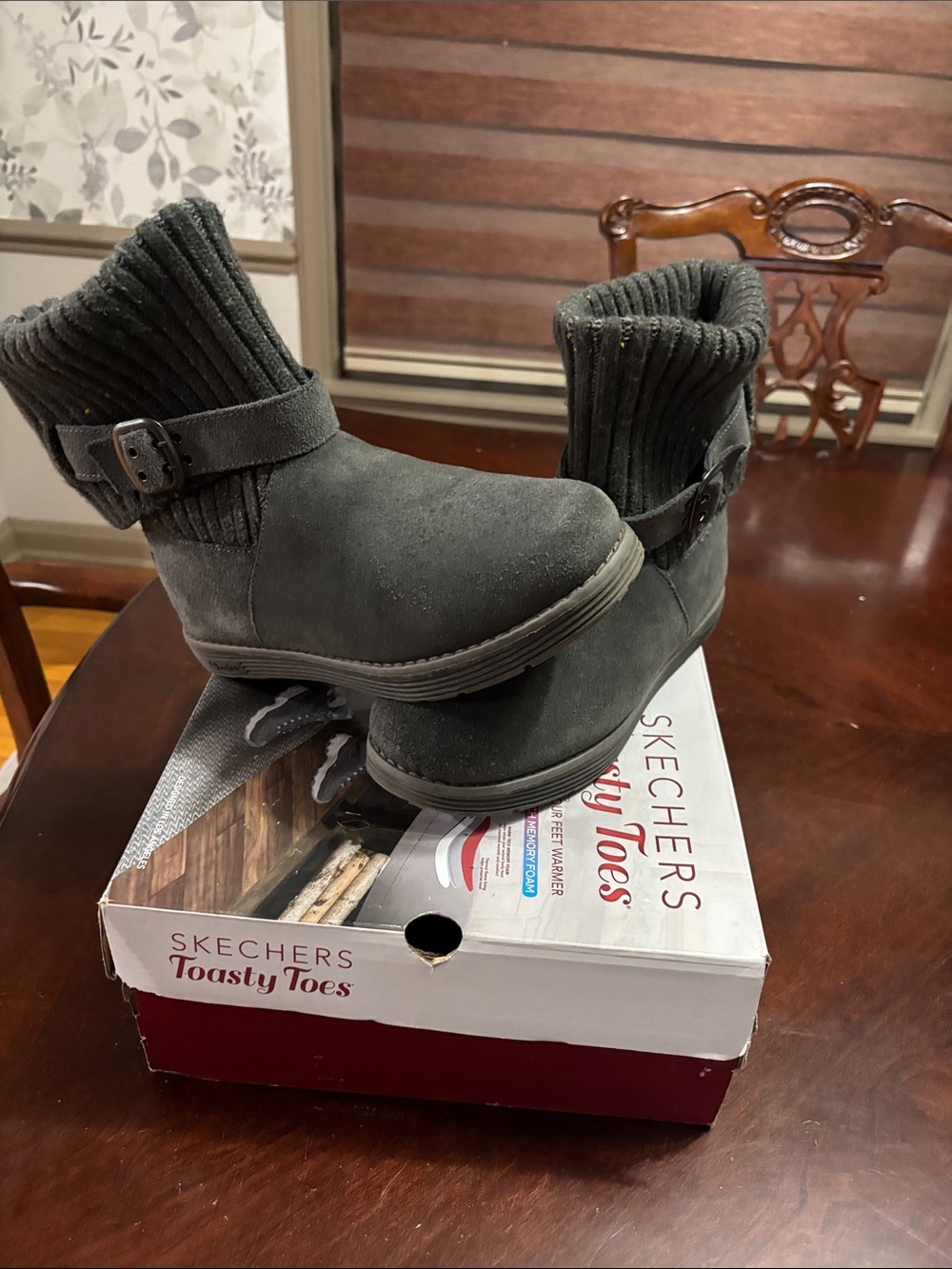 Skechers Grey Ribbed-Cuff Suede Ankle Boots